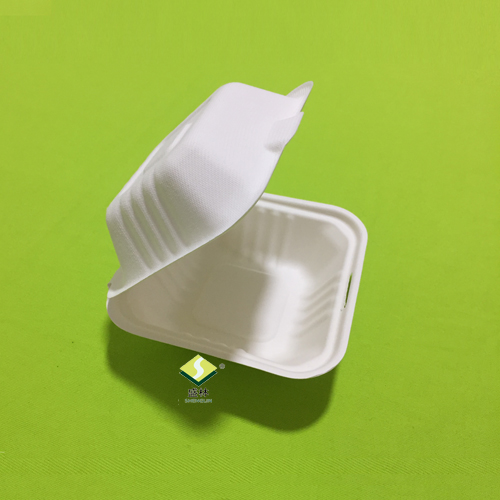 Tá boscaí clamshell bagasse Sugarcane pacáilte agus réidh le seoladh